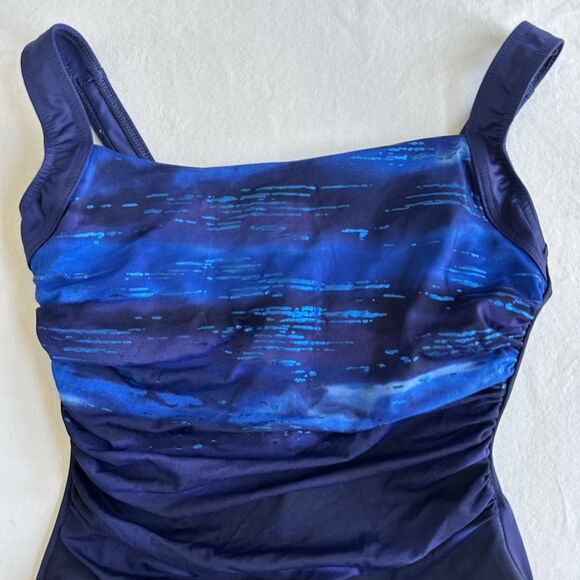 Miraclesuit Square Neck Navy Blue Tie Dye Shimmer One Piece Swimsuit Size 12 - Picture 2 of 6